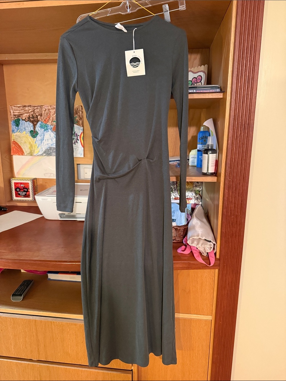 Women's Long Sleeve Midi Dress in Charcoal Gray Daily Practice BNWT